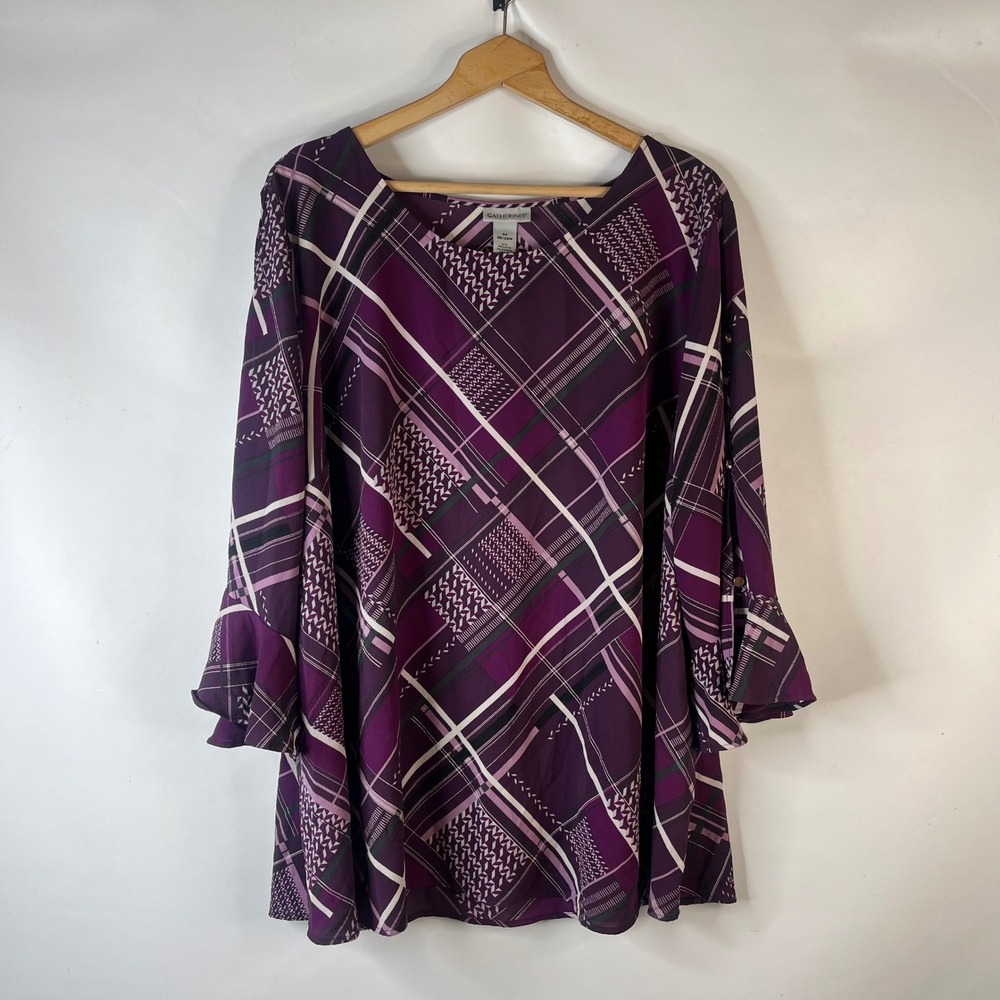 Catherines Blouse Womens 3X Purple Plaid Split Bell Sleeve Scoop Neck Tunic Top